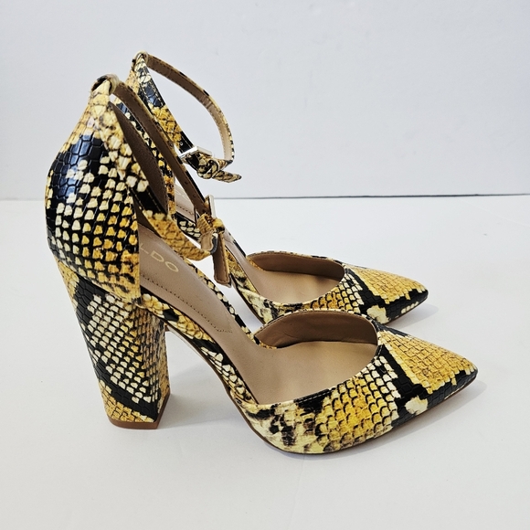 Aldo Shoes - Aldo Nicholes Snakeskin Heels Size 6 Yellow Ankle Strap Block Heel EUC